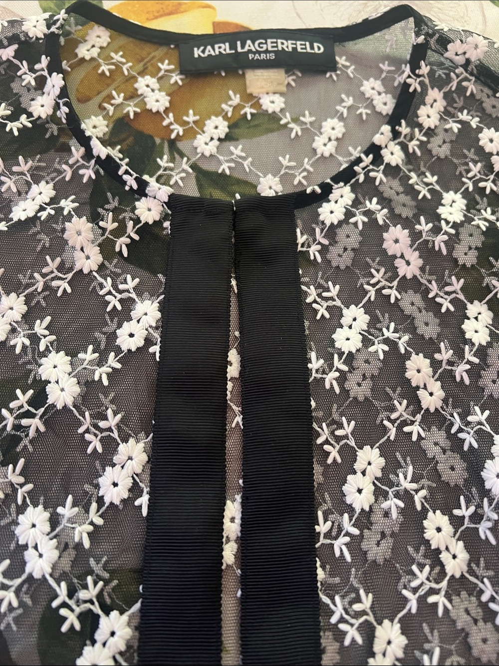 Worn 1x Karl Lagerfeld Black Sheer Floral Lace Longline duster with Ribbon Trim - Picture 3 of 6